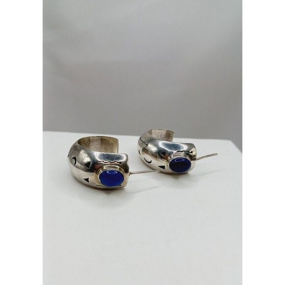 Vintage Sterling Silver Lapis Statement Earrings w Symbols Tribal Southwestern - Picture 7 of 13